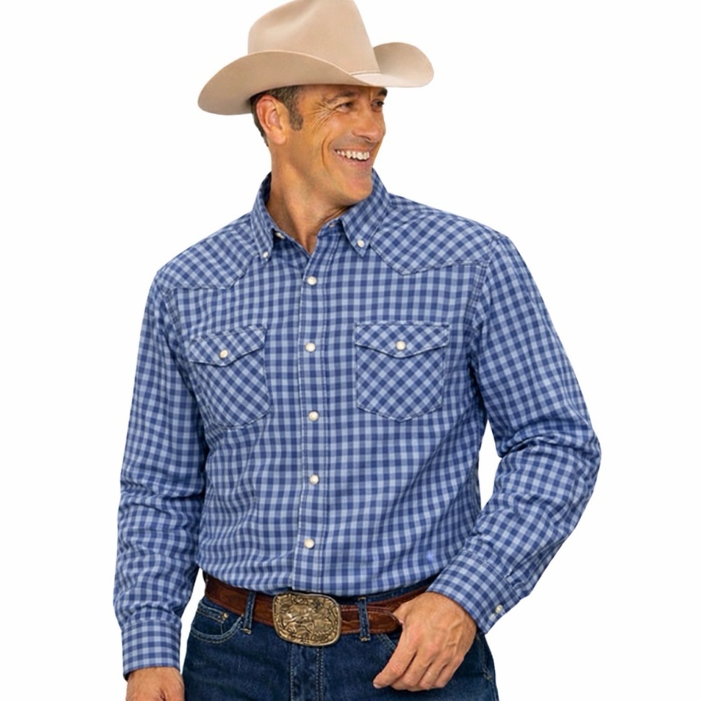 American Eagle Men’s Blue Gingham Western Snap Shirt Vintage Fit Small